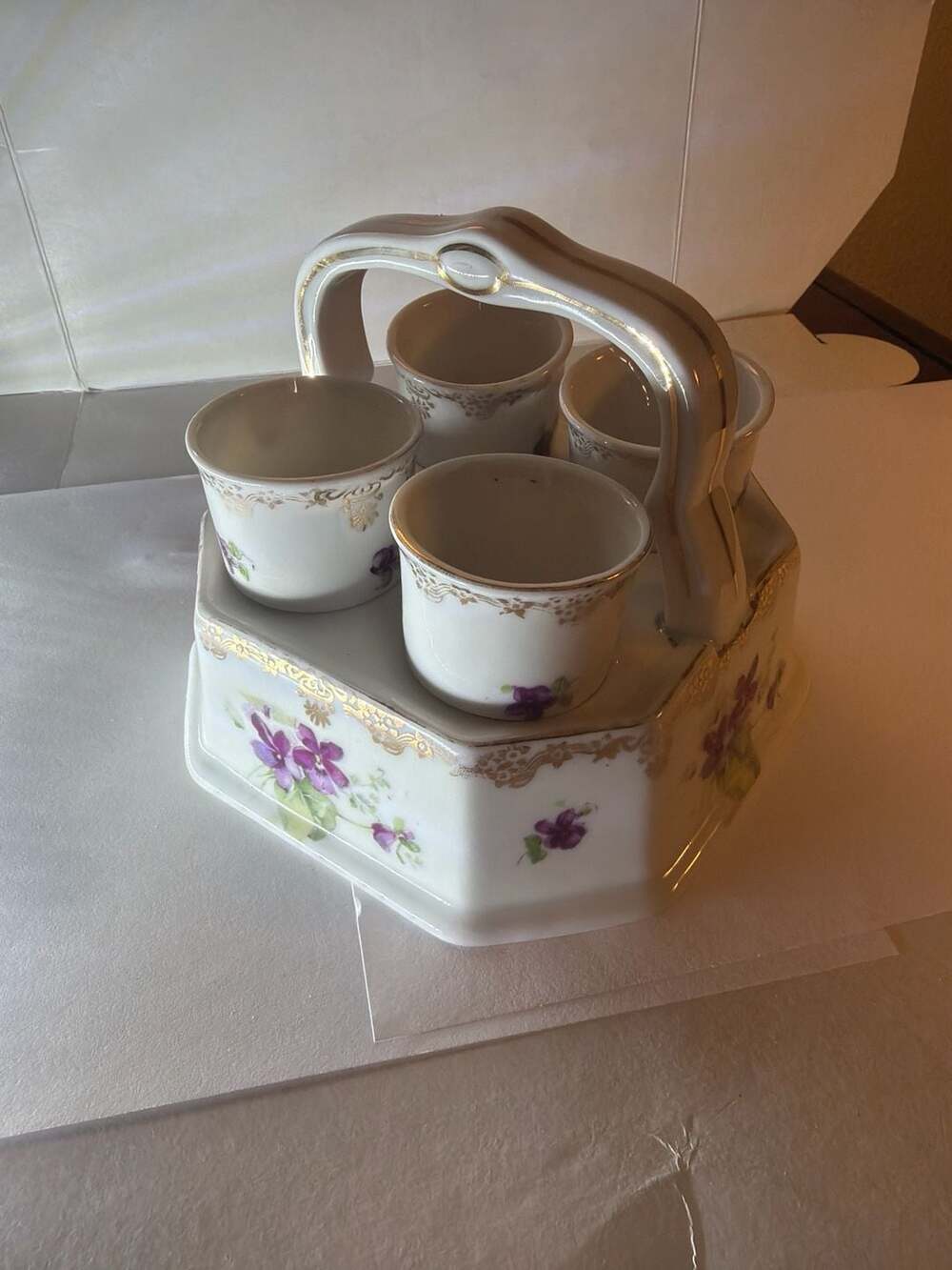 Antique RS Prussia Porcelain Egg Cup Set with Carrier, Violets & Gold Gilt, 5-Pi